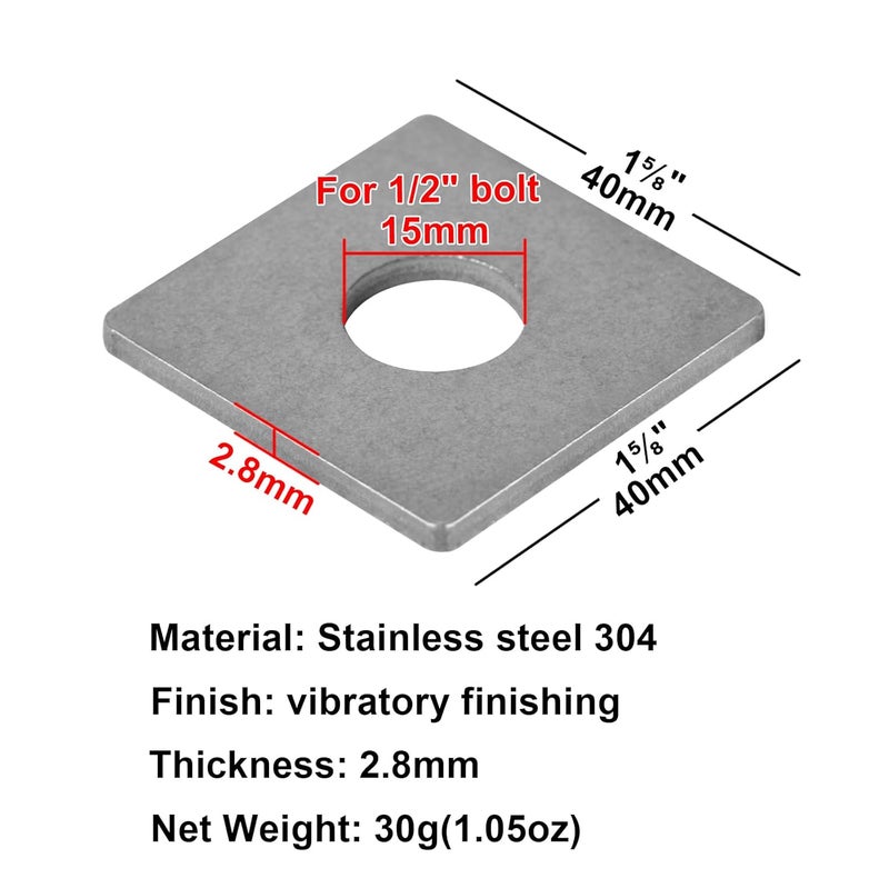 heneng 20 Pcs 304 Stainless Steel Square Plate Washers, Fits 1-5/8" Strut Channel, 1/2" Bolt Hole, Flat Washer Fastener, 2.8mm Thick - Image 2